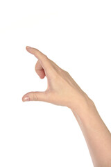 Woman hand gesture like holding something isolated on white background.
