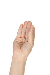 Woman hand gesture like holding something isolated on white background.