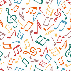 Music note sign colorful vector seamless pattern on white background.  Different types of design.