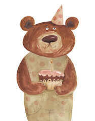 Bear with cake. Watercolor illustration, hand drawn