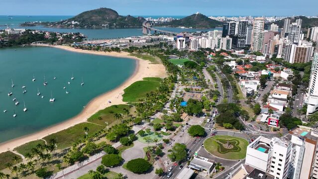 Stunning landscape of tropical scenery at coast city of Vitoria capital city of Espirito Santo Brazil. Vacation travel. Travel destination. Leisure idyllic scenery of Vitoria Espirito Santo Brazil.