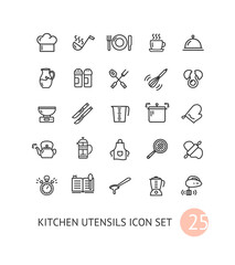 Kitchen Utensils Signs Thin Line Icons Set. Vector