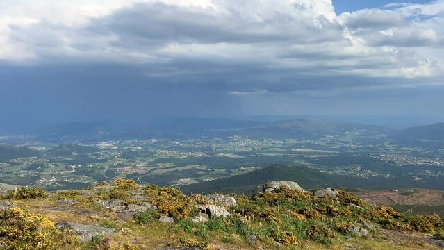 the view of the highest mountain in Portugal on the city of viana do castelo, you can also see huge white clouds on which you can write text and captions, as well as advertising. High quality photo