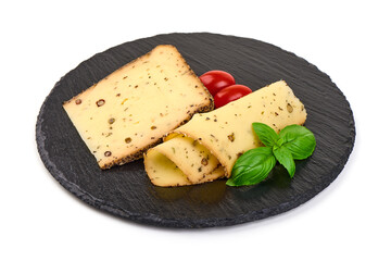 Traditional pepper cheese, isolated on white background.