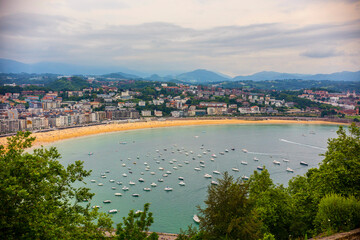 Fototapeta na wymiar Panoramic view of San Sebastian bay, Atlantic ocean, Monte Igueldo viewpoint, Basque Country, Spain