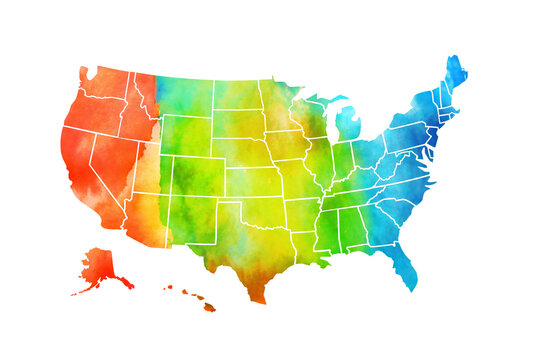 Multicolored watercolor USA map with borders of the states