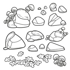 Set of stones, oak leaves, moss and toadstool growing on them linear drawing for coloring isolated on white background