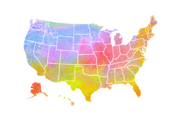 Multicolored watercolor USA map with borders of the states