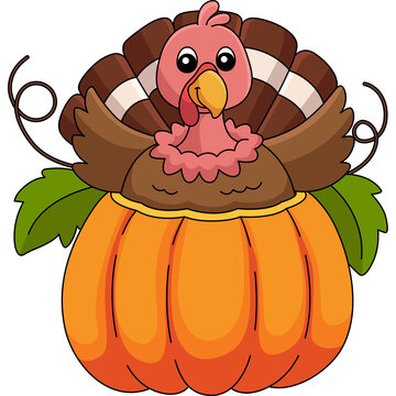 Thanksgiving Turkey Inside Pumpkin Cartoon Clipart
