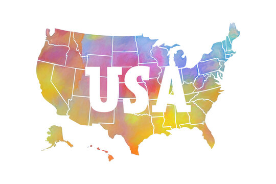 Multicolored watercolor USA map with borders of the states