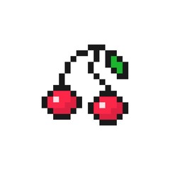 Red cherries pixel on black branch. Sweetly sour two berries with green leaf. Ripe fruit for dessert and 8bit vector game design