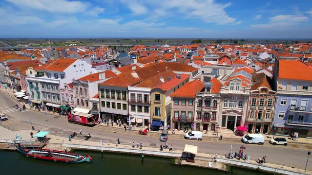 aerial view of typical Portugal houses near the canal at the old town embankment in Aveiro city center