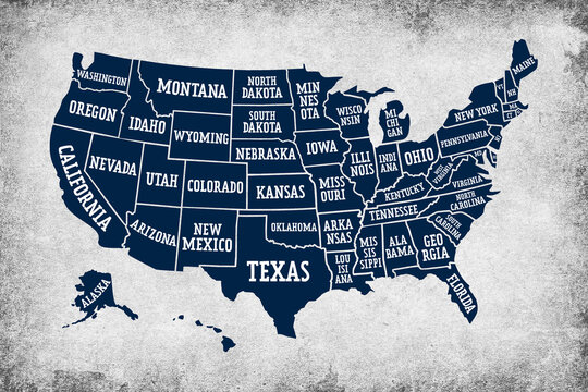 Blue USA map with borders of the states and names on grunge background
