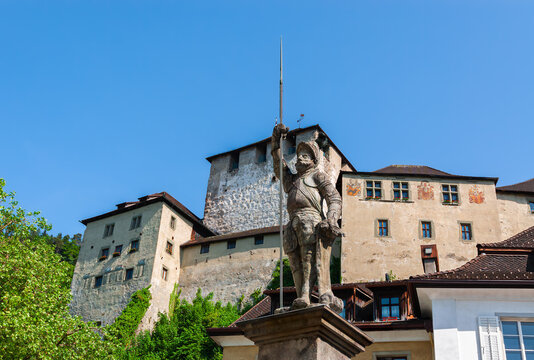 Feldkirch, Austria - May 20, 2022: The Schattenburg is a hilltop castle above the town of Feldkirch in Vorarlberg in Austria and is connected to it by the former town wall.
