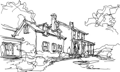 hand drawn architectural sketch of beautiful classic detached village house with garden  and trees