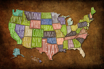 Multicolored watercolor USA map with borders of the states and names on grunge paper background