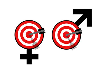 Target over male and female gender and sex symbol and pictogram. Man and woman as aim, objective and goal. Vector illustration isolated on white.