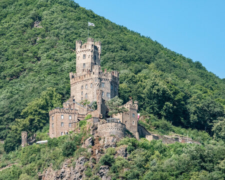 Sooneck Castle, dating from the 13th century, looks down on the Rhine River valley in Germany.
