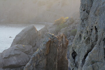 Rocks and sea on the coast of the New World in Crimea. Trail of Prince Golitsyn