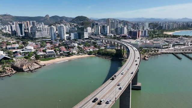 High angle view of famous third bridge at town of Vitória state of Espírito Santo Brazil. Transport scenery. Amazing landscape of vacation travel at city of Vitória Espírito Santo Brazil. 