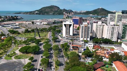 Aerial cityscape of downtown Vitoria state of Espirito Santo Brazil. Bulldings and avenues landmark of city of Vitoria Espirito Santo. Brazilian coast town capital city. Downtown district.