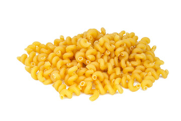 Cavatappi dry pasta organic product isolated on the white background yellow