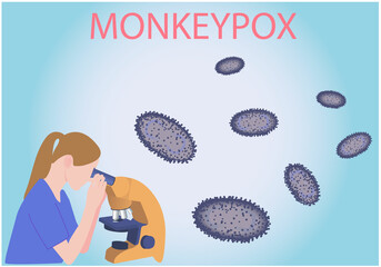 Minkeypox virus with doctor and microscope, vector, illusttration