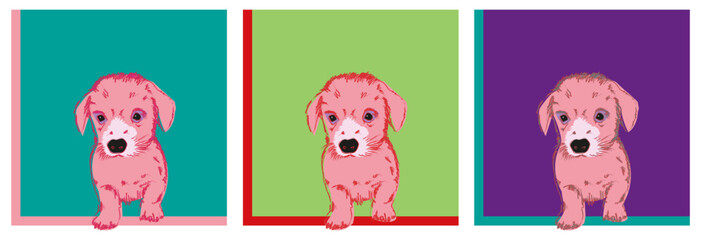 Perritos en cuadros. Perro pequeño. Ternura. Cachorro. Canino rosado. Patrón de perros. Animales pequeños. Vector.