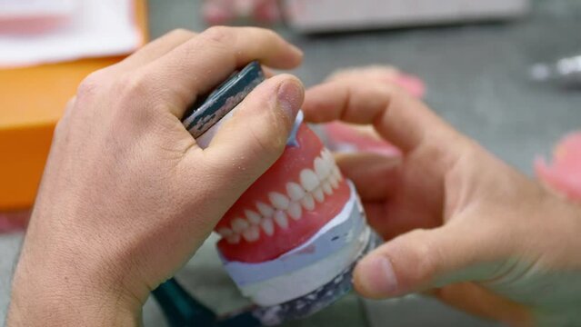 dental technician works in his workshop and makes artificial teeth for dentistry. in the frame are the hands of the master and the teeth created by the specialist. the master twists the finished teeth