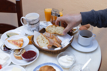 homemade greek breakfast on a street table, Crete