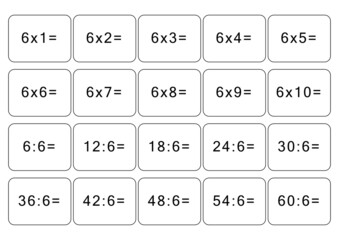 Multiplication and division table of 6. Maths card with an example, drawing. Multiplication Square, vector illustration. Printed product, banner, table for children, schoolchildren. School education