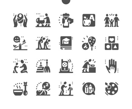 Child care. Mom with stroller. Electro nanny. Child first steps. Baby food. Playground. Vector Solid Icons. Simple Pictogram