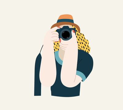 People portrait - Taking photos -Modern flat vector concept illustration of a young woman taking photo with a camera, half-length portrait, user avatar. Creative landing web page illustartion