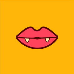 Sexy red vampire woman lips with fangs isolated on orange background. Vector cartoon girl vampire mouth with vampires teeth icon or label vector illustration for printing on t-shirt
