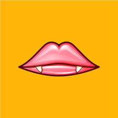 Sexy red vampire woman lips with fangs isolated on orange background. Vector cartoon girl vampire mouth with vampires teeth icon or label vector illustration for printing on t-shirt