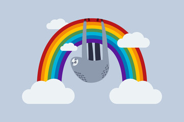 Lazy sloth hanging on a rainbow. Vector cartoon illustration. © DeShoff