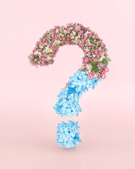 Question mark made of fresh Spring flowers adn cold ice. Nicely asked questions bring a positive answer. Flat lay on pastel pink background. 3D Illustration.