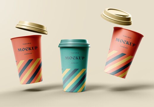 Flying Paper Coffee Cups Mockup for Beverage Branding Showcase and Takeaway Packaging Promotion