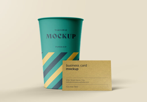 Paper Coffee Cup with Business Card Mockup for Brand Identity Showcasing and Takeaway Packaging Promotion