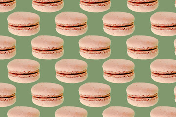 Sweet chocolate macarons,cookies on green background seamless pattern. Food dessert flatly flat lay of delicious sweet nibbles, pastry, confectionery, tasty sugar food top view