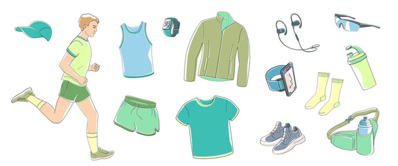 man running and set elements about jogging in summer time, sportswear, stopwatch, sneakers, tracker, water bottle, headphones, sunglasses, ca
