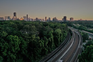 Fototapeta premium railway in the city at sunset