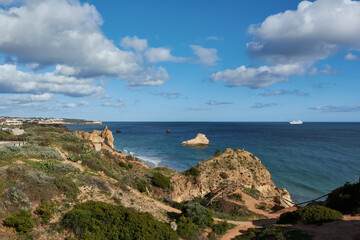 Beautiful view of the Portimao ocean shore. Algarve, Portugal