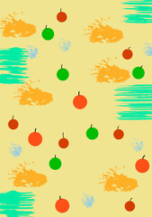 the picture shows multicolored strokes and apples of green and red on a yellow background