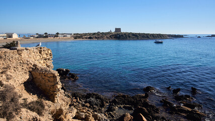 Panoramic of the tabarca island with tower and lighthouse at background. Alicante, Spain