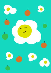 On the picture on a green background is drawn a big flower with eyes, nose and mouth. and many small flowers and green and red appeles.Picture cheerful and cute 