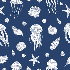 Seamless vector pattern with sketch of jellyfish and sea shells. Sea seamless vector pattern. Decoration print for wrapping, wallpaper, fabric. 