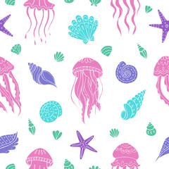 Seamless vector pattern with sketch of jellyfish and sea shells. Sea seamless vector pattern. Decoration print for wrapping, wallpaper, fabric.  © Anna Sobol