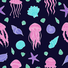 Seamless vector pattern with sketch of jellyfish and sea shells. Sea seamless vector pattern. Decoration print for wrapping, wallpaper, fabric. 