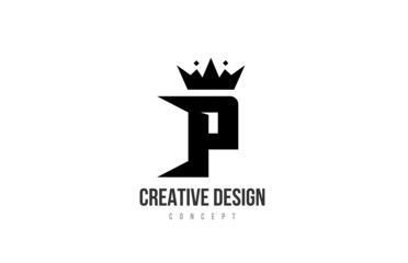 P black and white alphabet letter logo icon design with king crown and spikes. Template for company and business
